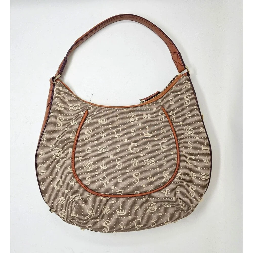 LANCEL SALVADOR DALI (2012) Daligramme Hobo Handbag Brown Cloth Leather Trim